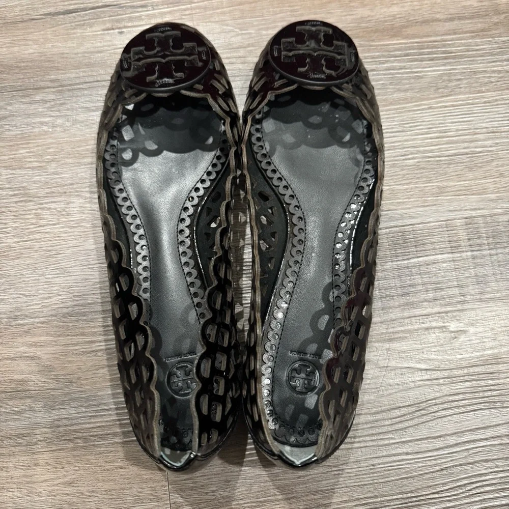 Tory Burch Mira Soft Black Patent Leather Logo Ballet Flats
